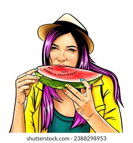 Happy young woman eating watermelon over white background, comic pop art illustration. Youth lifestyle. Happiness, joy, holiday, beach, summer concept.  - Powered by Shutterstock