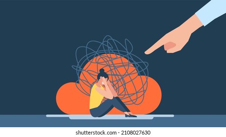 Harassment In The Family, At Work. Violence, Bullying, Intimidation. Woman With Anxiety Touch Head. Frustrated Girl With Nervous Problem Feel Anxiety, Confusion Of Thoughts. Flat Illustration. 