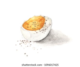 Hard Boiled Egg With Pepper Isolated On White Background. Hand Drawn Watercolor Illustration.