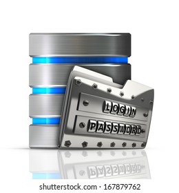 Hard disk and database icon with metal folder security passwordisolated on white background High resolution 3d 