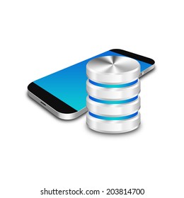 Hard disk and database  with  smartphone, cell phone illustration