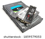 Hard disk drive hdd, solid state drive ssd and ssd m2. Set of different data storage devices isolated on white. Bar codes do not contain any information. 3d illustration