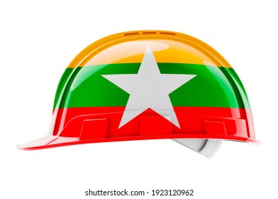 Hard Hat With Burmese Flag, 3D Rendering Isolated On White Background