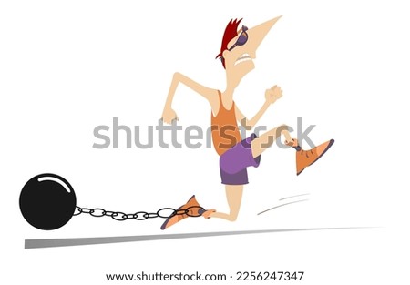 Hard training runner.
Cartoon running man with a heavy connected by the chain with his leg. Isolated on white background
