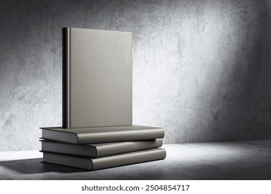 A hardcover book mockup standing upright on top of stacked books against a textured concrete wall background, spotlighted for presentation. 3D Rendering - Powered by Shutterstock