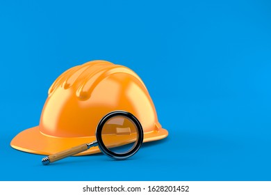 Hardhat with magnifying glass isolated on blue background. 3d illustration