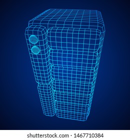 Hardware equipment telecommunication server. Data center storage room object. Computer database tower. Internet industry cluster. Wireframe low poly mesh 3d render illustration