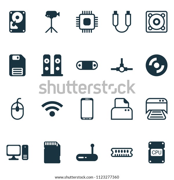 Hardware icons set with central processor unit,\
paper printer, personal computer and other music elements. Isolated\
 illustration hardware\
icons.