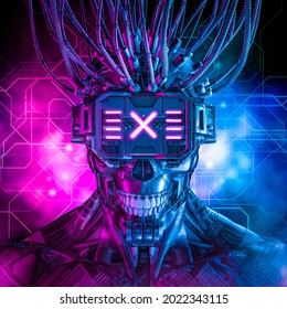 Hardwired cyberpunk skull robot - 3D illustration of science fiction cyberpunk skull faced grinning android wearing futuristic virtual reality glasses
