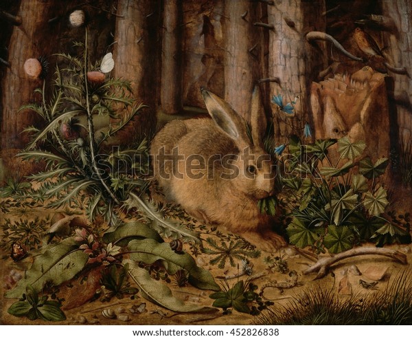 ハンス ホフマン著 森の中のウサギ 1585年ドイツ絵画 パネルに油 野うさぎと彼の小さな生き物の多くが森の床に描かれた細かい絵 アザミなどの植物 のイラスト素材