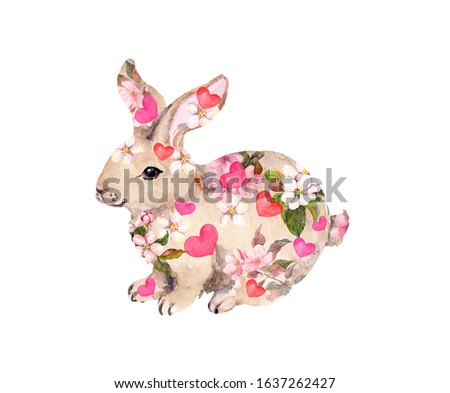 Hare, rabbit in spring flowers and pink hearts. Watercolor illustration