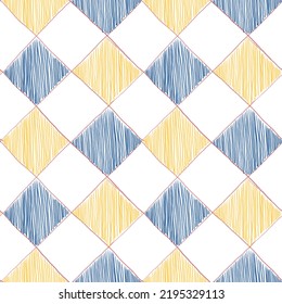 Harlequin Bright Color Seamless Pattern. Graphic Repeat Print In Yellow Blue White Colors With Diamonds For Textile Fabric Kitchen Decor Apparel.