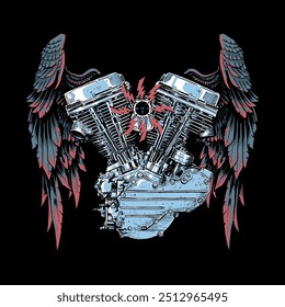 Harley davidson engine with the wings artwork design illustrator