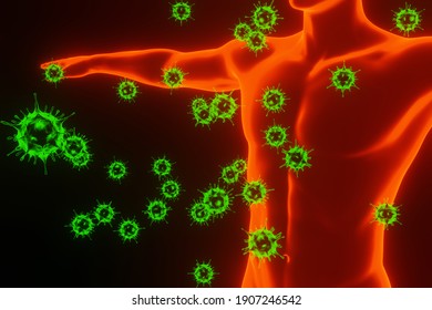 Harmful Microorganisms In Our Environment. X-ray Human Body And Coronavirus, Bacteria And Virus . 3D Rendering.