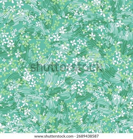 A harmonious gathering of tiny white and green flowers intertwine gracefully with wavy brushstrokes against a light teal backdrop, in a seamless design.