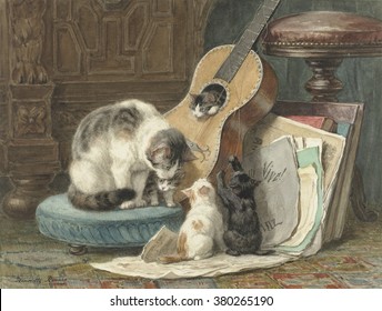 The Harmonists, by Henriette Ronner, 1876-77, Dutch watercolor painting, on paper. A mother cat sits on a footstool near her four kittens who with its broken strings. One kitten sits inside the instru