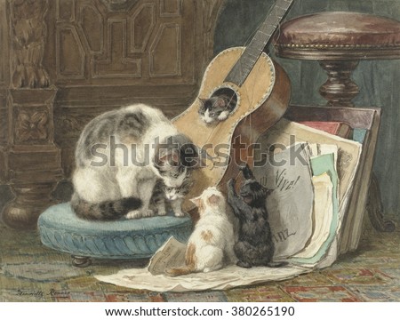 The Harmonists, by Henriette Ronner, 1876-77, Dutch watercolor painting, on paper. A mother cat sits on a footstool near her four kittens who with its broken strings. One kitten sits inside the instru