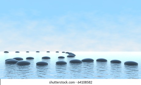 Harmony Concept. Pebble Path On The Water Over Blue Sky