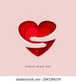 Harnessing the power of digital health to improve awareness, prevention, and management of CVD globally is our goal for Word Heart Day 2021. Hand hug and care, love. Hands, Love shape paper cutout. - Powered by Shutterstock