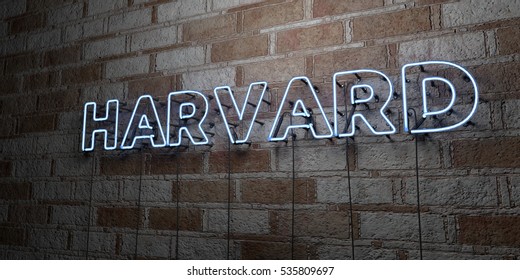 HARVARD - Glowing Neon Sign On Stonework Wall - 3D Rendered Royalty Free Stock Illustration.  Can Be Used For Online Banner Ads And Direct Mailers.
