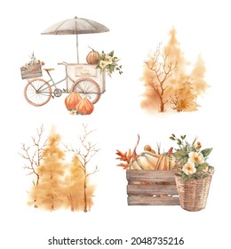 Harvest market collection. Autumn illustrations isolated on white background: food trolley, pumpkins, autumn woods.