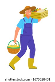 Harvesting man smiling and carrying products in basket raster. Isolated person wearing hat holding bucket with pear, tomato and pepper, veggies in containers