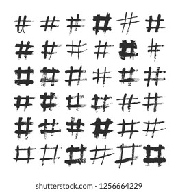 Hashtag And Number Ink Brushed Black Symbols. Hand Drawn Hash And Pounds Sign