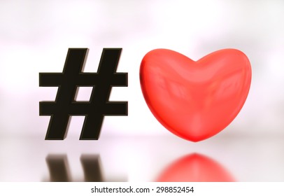 Hashtag With Red Heart Icon On Reflective Surface.