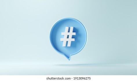 Hashtag sign symbol in social media notification icon on pastel blue background, copy space. 3d render.