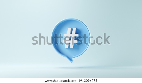 Hashtag sign symbol in\
social media notification icon on pastel blue background, copy\
space. 3d\
render.