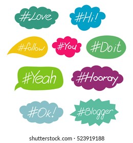 Hashtag Words In Speech Bubble Set. Hash Tag Message Wording Illustration