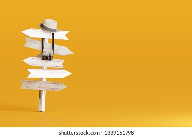 Hat And Camera With Signpost On Yellow Background. Travel Concept 3d Rendering