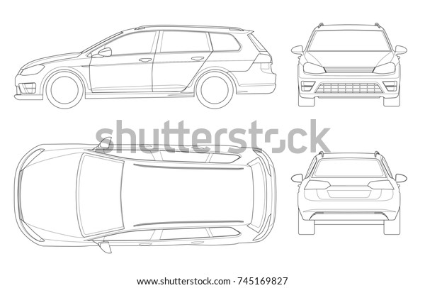 Hatchback car in outline.\
Compact Hybrid Vehicle. Eco-friendly hi-tech auto. View front,\
rear, side,\
top