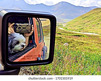 Hatcher Pass Valley With Dog And Cellphone Photo In Rear View Mirror