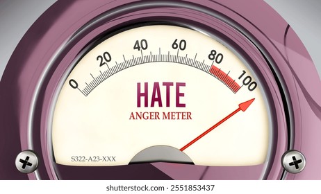 Hate and Anger Meter that is hitting a full scale, showing a very high level of hate, overload of it, too much of it. Maximum value, off the charts. 