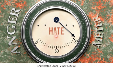 Hate and Anger that is hitting a full scale, showing a very high level of hate, overload of it, too much of it. Maximum value, off the charts. 