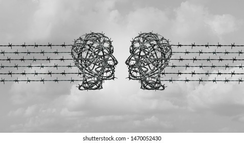 Hate Speech Communication Concept,and Online Hate Chat As Two Heads Made Of Barbed Wire Communicating Together In A 3D Illustration Style.