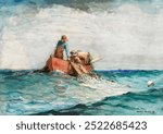 Hauling in the Nets (1887) by Winslow Homer. Vintage fisherman in boat watercolor illustration, old fisherman in boat illustration art print. American realism watercolor artwork by Winslow Homer.