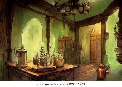 Haunted Abandoned Mansion Room Dusty Chandelier, Peeling Wallpaper, Dark, Moody, Creepy, Interior Medieval Victorian Digital Painting