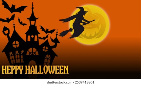 Haunted background with illustrations of castles, flying witches and bats amidst a full moon. Halloween Celebration. - Powered by Shutterstock