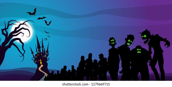 Haunted Castle With Bats And A Zombie Horde Approaching At Night