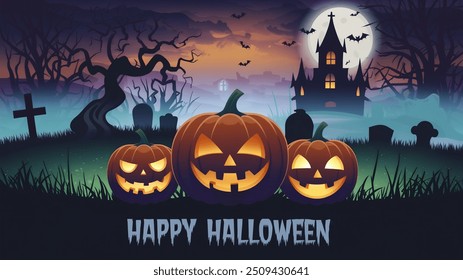 Haunted Graveyard with Glowing Jack-O'-Lanterns and Happy Halloween Message	
 - Powered by Shutterstock