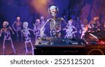 Haunted Halloween party: skeleton DJ at the mixing console surrounded by dancing spooky skeletons. Background for greeting cards, invitations, posters, holiday events, parties. 3D rendering.