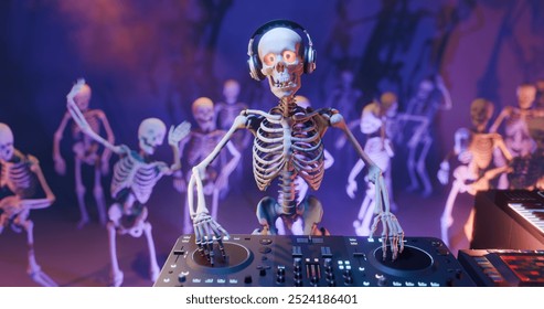 Haunted Halloween party: skeleton DJ at the mixing console surrounded by dancing spooky skeletons. Background for greeting cards, invitations, posters, holiday events, parties. 3D rendering. - Powered by Shutterstock