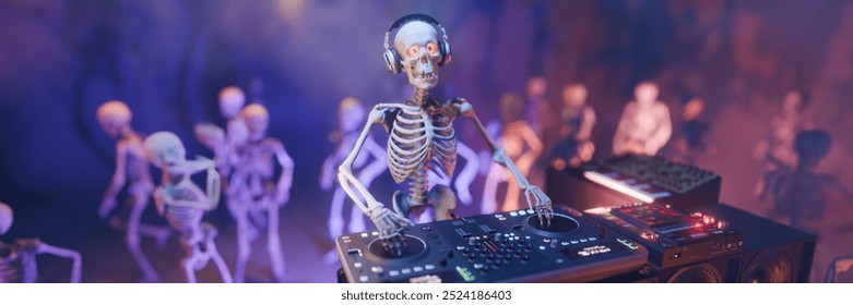 Haunted Halloween party: skeleton DJ at the mixing console surrounded by dancing spooky skeletons. Background for greeting cards, invitations, posters, holiday events, parties. 3D rendering. - Powered by Shutterstock