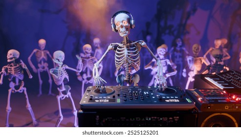 Haunted Halloween party: skeleton DJ at the mixing console surrounded by dancing spooky skeletons. Background for greeting cards, invitations, posters, holiday events, parties. 3D rendering. - Powered by Shutterstock