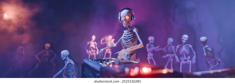 Haunted Halloween party: skeleton DJ at the mixing console surrounded by dancing spooky skeletons. Background for greeting cards, invitations, posters, holiday events, parties. 3D rendering. - Powered by Shutterstock