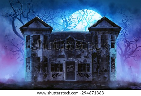 Haunted horror house. Old wooden grungy dark evil haunted house with evil spirits with full moon cold fog atmosphere and trees illustration. Stock photo © 