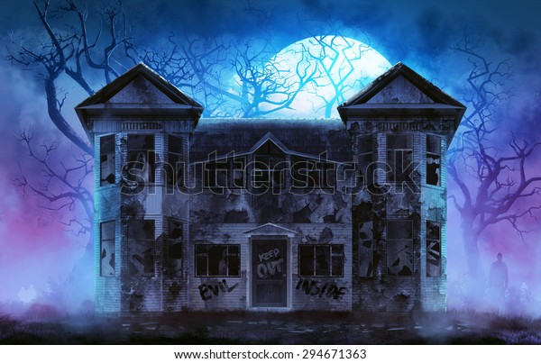 お化け屋敷 古木のグランジーな暗悪の化け物屋敷で 月に冷たい霧の空気と木のイラストを持つ悪霊が付いています のイラスト素材