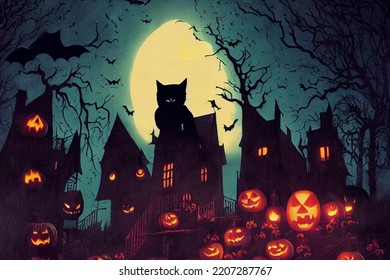 Haunted House Halloween Illustration and bats Moon Jack o Lanterns   Black Cat